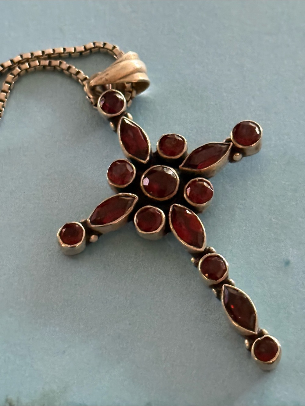 Sterling Silver Cross Necklace with Garnet-Red Stones